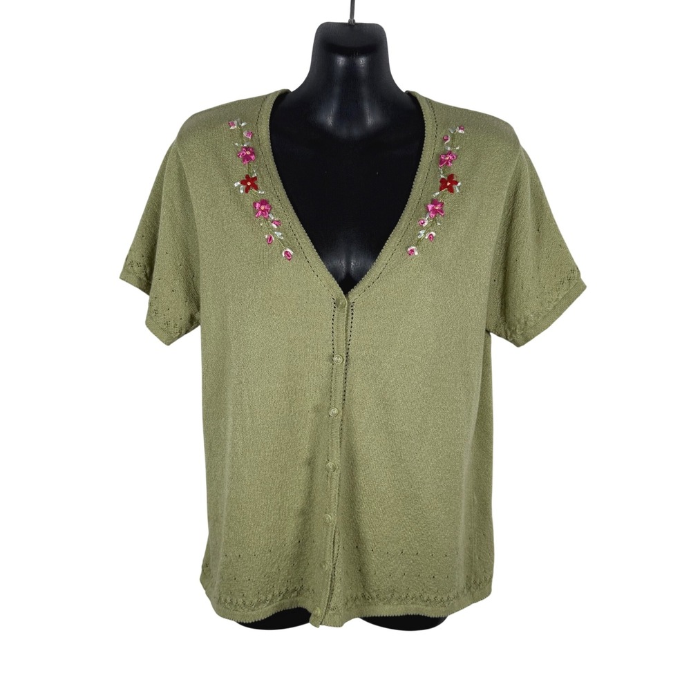 Villager Floral Embroidered Short Sleeve Cardigan Green Cottagecore Grandma Vtg